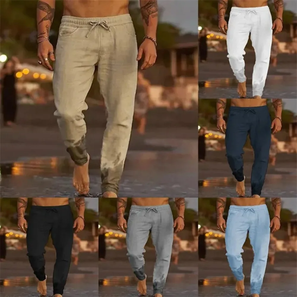 Männer Strand Hosen Jogger Streetwear Baumwolle Leinen Jogginghose Casual Hosen Hawaiian Urlaub Lose Sommer Gerade Hosen Männlich