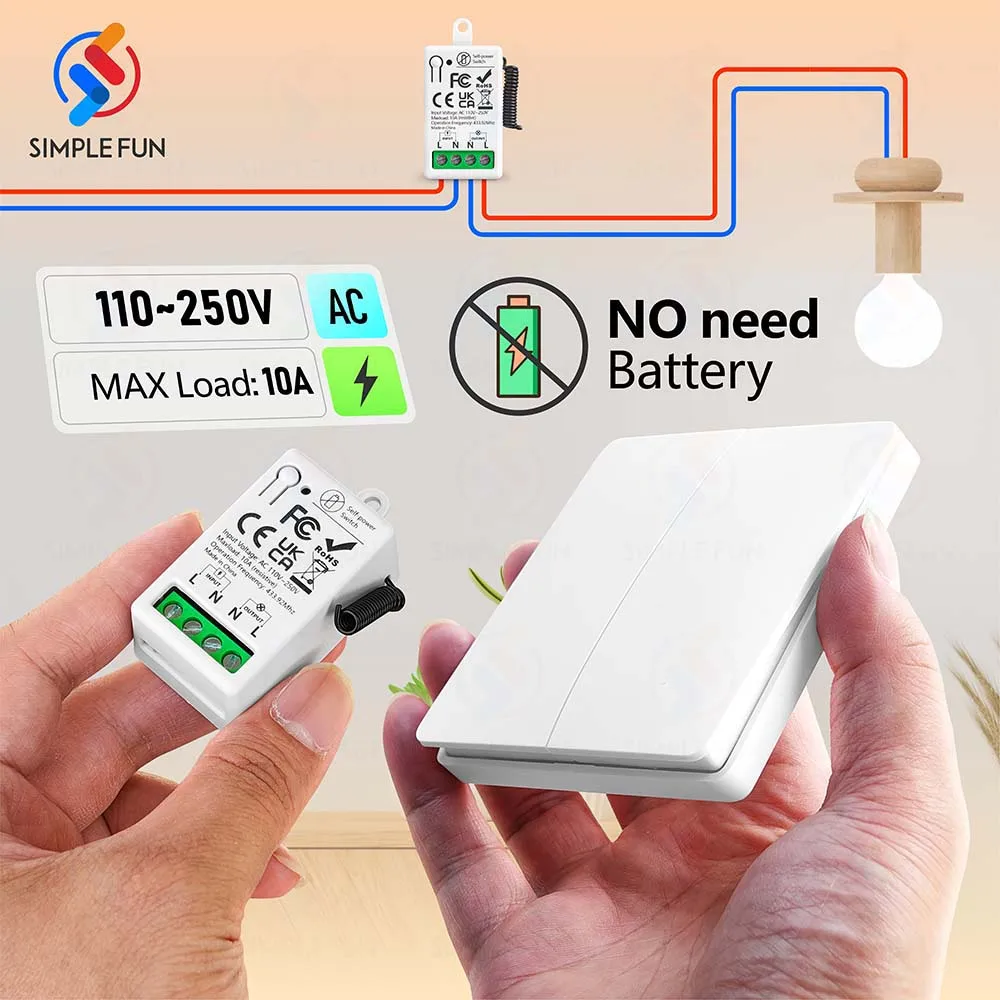 Interruptor de luz inalámbrico de 433mhz, 110V, 220V, 230V, interruptor inalámbrico autogenerador, No requiere batería, control remoto autoalimentado a prueba de agua