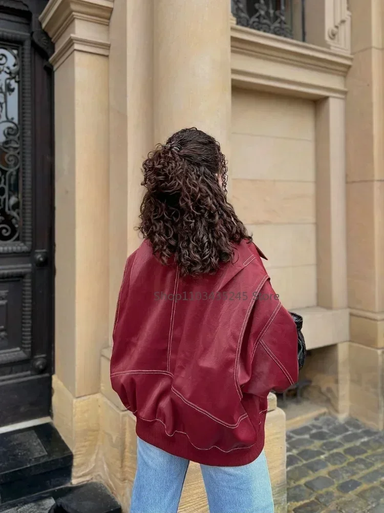 2025 neue Frauen Wein rot Reiß verschluss Lederjacke lässig Langarm Revers kurz geschnittenen Mantel Vintage Herbst Mode Oberbekleidung