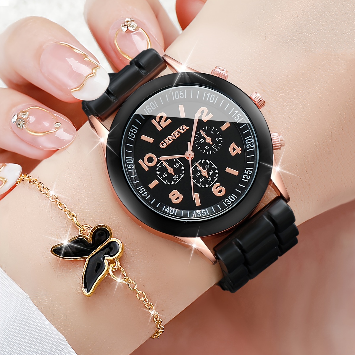 5/6PCS Dameshorloge Casual Siliconen Band Quartz Horloges Vlinder Sieraden Set (Zonder Doos)