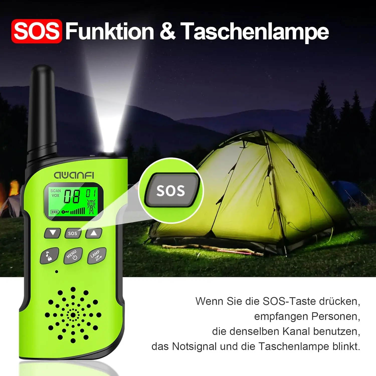 AWANFI Walkie Talkie 2er-Pack, wiederaufladbar Walky Talky mit Li-Ionen-Akku, Funkset, als Geschenk/Camping/Abenteuer