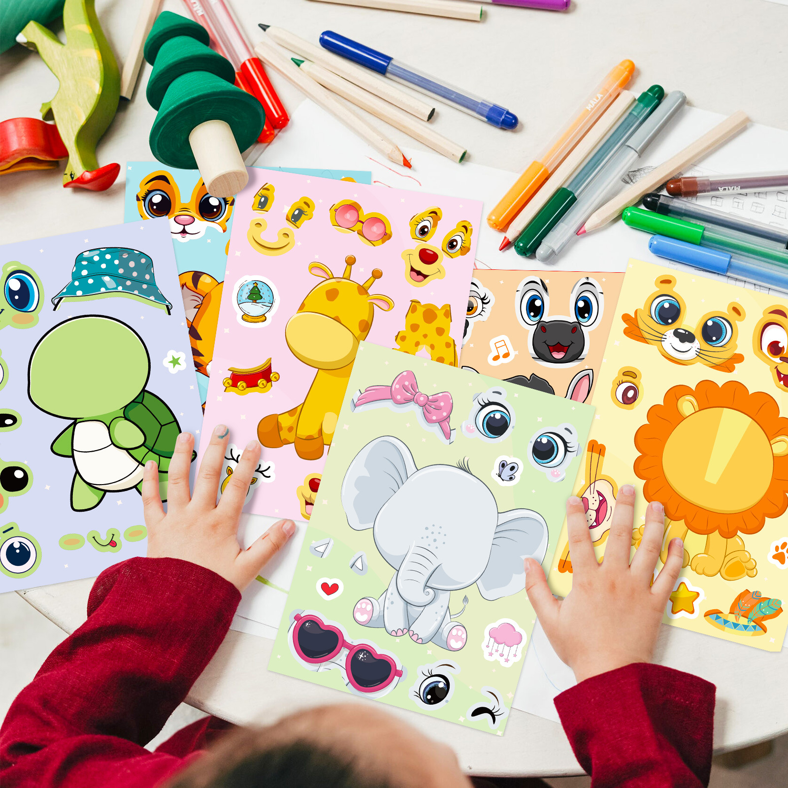 6 แผ่นเด็กน่ารัก DIY สติกเกอร์ปริศนาเกม 6 สัตว์ Make A Face ตลกประกอบสติกเกอร์จิ๊กซอว์เด็กของเล่นเพื่อการศึกษา