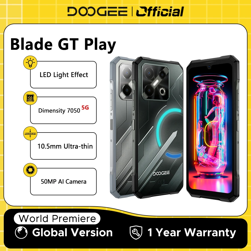 Estreia mundial DOOGEE Blade GT Play 5G Telefone robusto 20GB 256GB 6,72 ”FHD + 120Hz LED efeito de luz dimensão 7025 50MP câmera AI