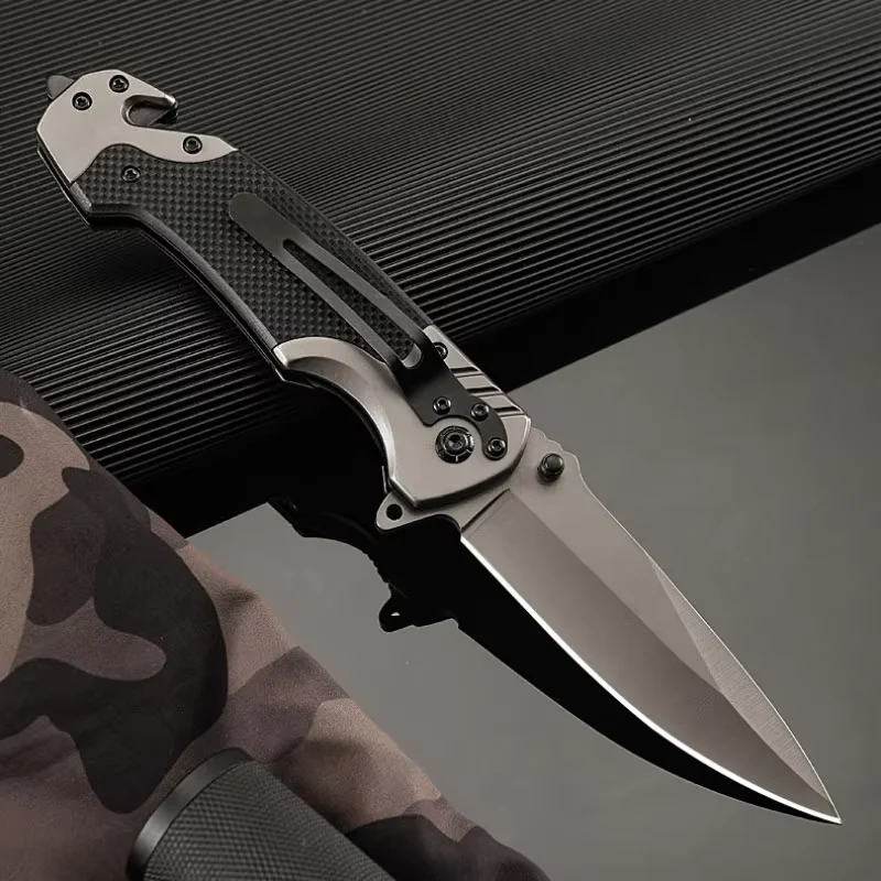 Cuchillo de supervivencia táctico multiusos para exteriores, cuchillo plegable para acampar, cuchillo plegable de acero inoxidable, bolsillo portátil de defensa