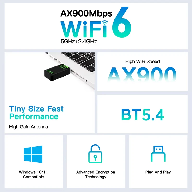 New AX900 USB WiFi6 Bluetooth5.4 2in1 Adapter Dual Band 2.4G&5GHz Wireless Network Wlan Receiver Driver Free Dongle For Win10/11