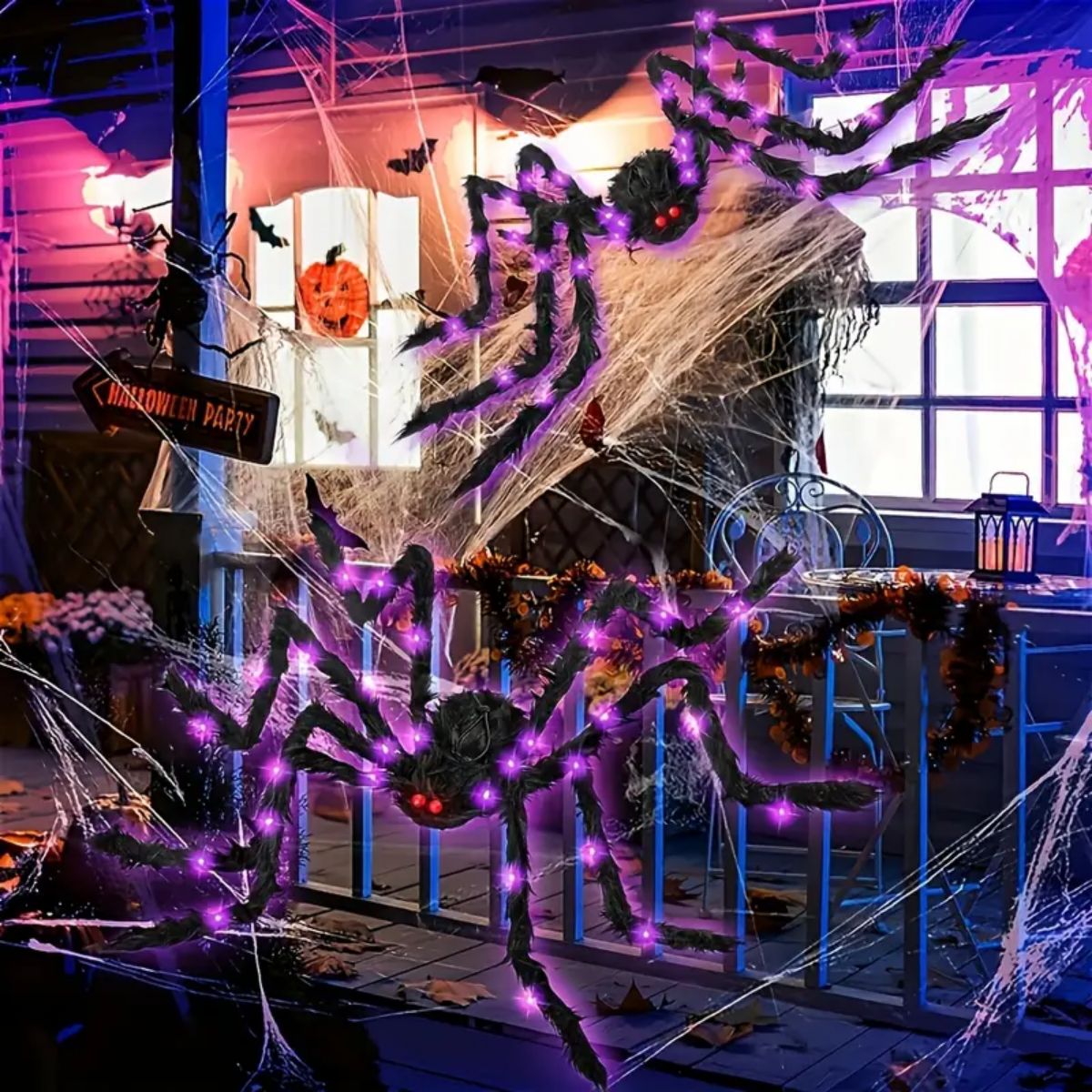 1 Packung Halloween-Spinne mit 144 LED-Kupferdraht-Lichtern, violettes Licht, wasserdicht, batteriebetrieben, für Zuhause, Outdoor, Halloween-Dekoration