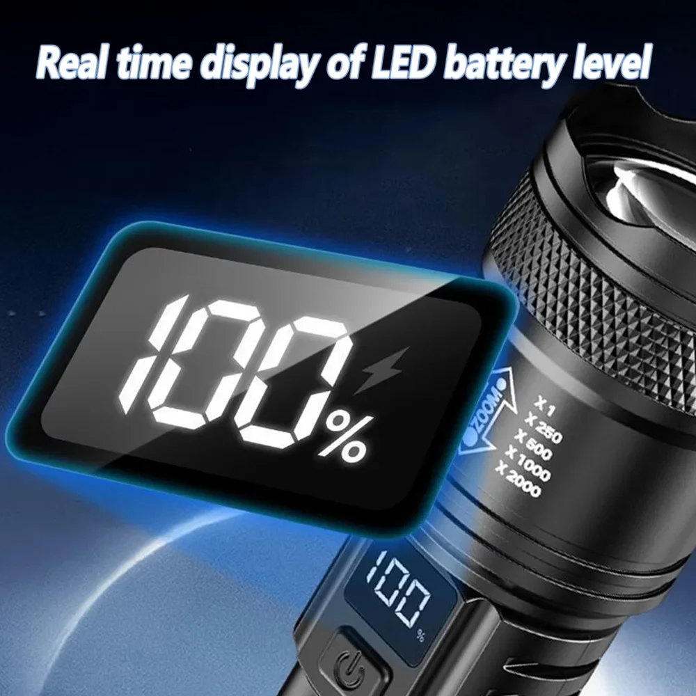 Hochstarke LED-Taschenlampen, 2000 lm, taktische Taschenlampe mit Display-Licht, USB-Aufladung, Camping, Angeln, Notfall-Zoom-Laterne