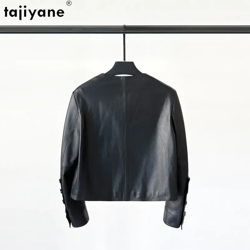 Tajiyane-女性用本革ジャケット,ショート,ラウンドネック,牛革,シングルブレスト服