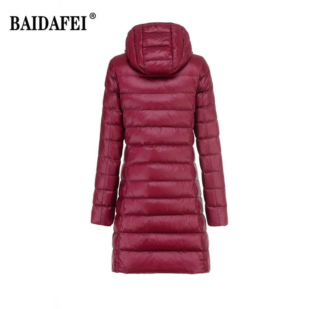 Damen bekleidung Frühling Winter leichte packbare lange Daunen jacken neue Kapuze abnehmbare weibliche tragbare flauschige Winter Puffer Mantel