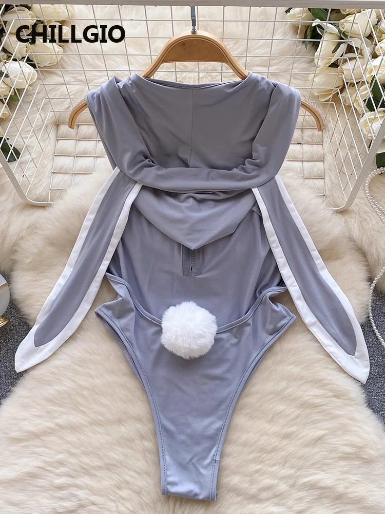 Chillgio feminino sexy erótico coelho bodysuits moda sólida uma peça combinação macacão pijamas collants sem costas zíper catsuits