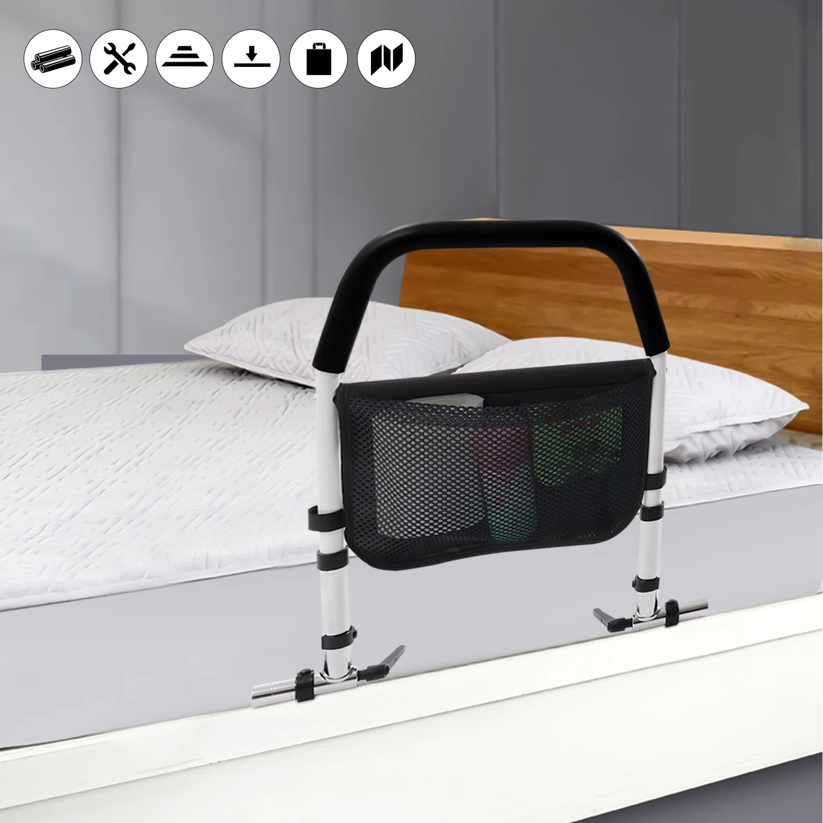 Riel de cama para personas mayores, barandilla de cama, barandilla plegable, rieles de soporte, protección lateral de cama con organizador, protector de cama de acero inoxidable