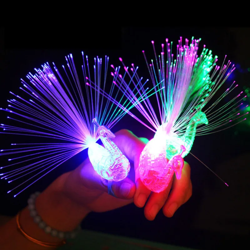 5PCS LED Finger Light Flashing Finger Peacock Fiber Optic Light Glowing Peacock Open Screen Optic Light Kids Luminous Toys