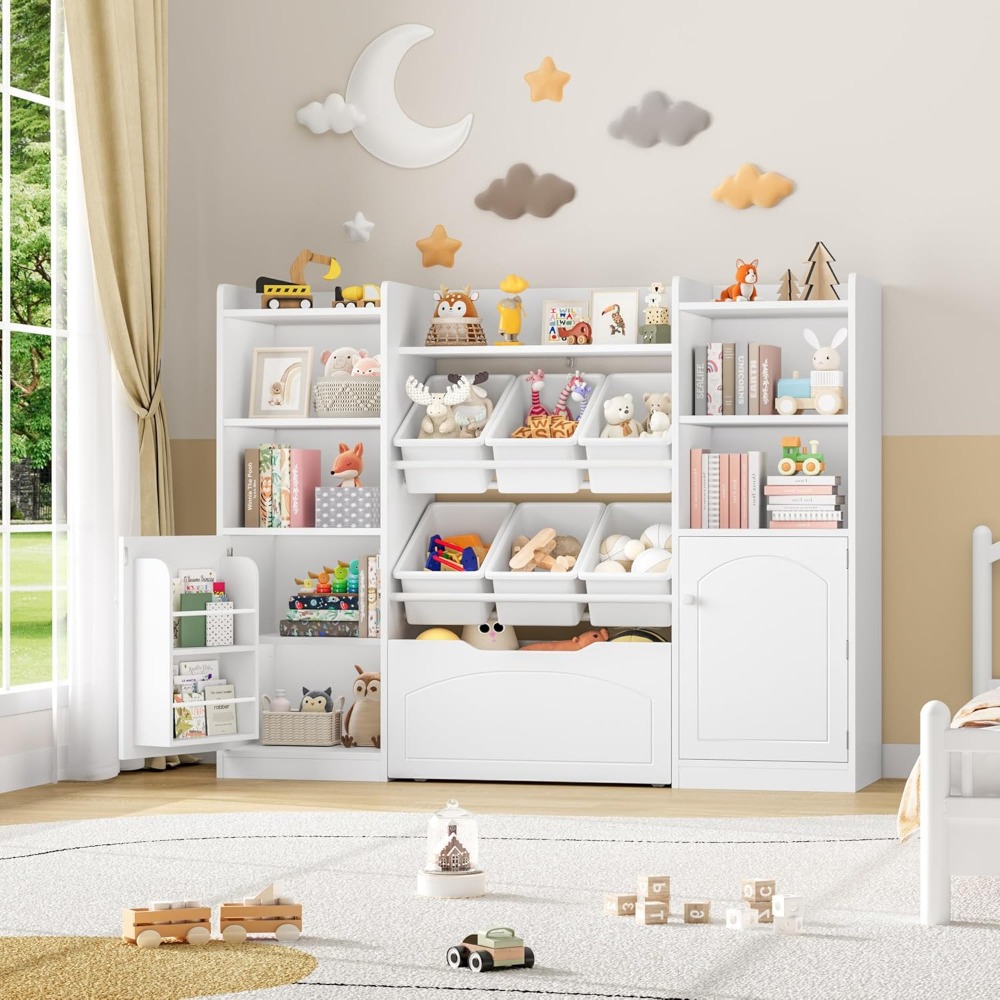 55-inch multi-functional kids storage organizer with removable bins and bookshelf