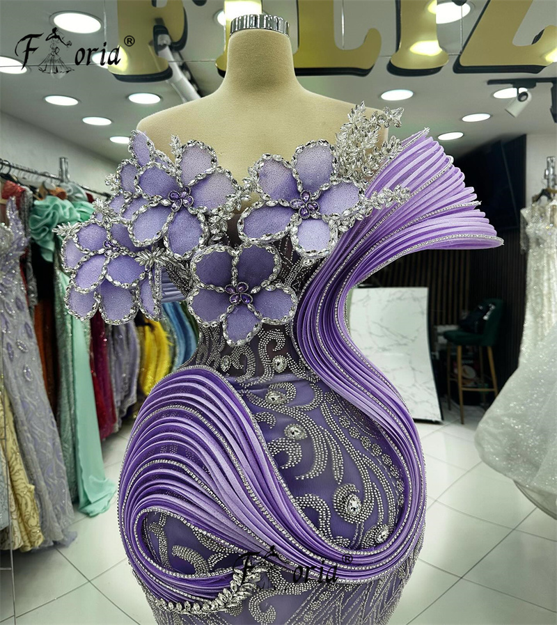 Vestido de noite Silver Crystal Lace Mermaid, Flores 3D, Ruffles, Roxo, Ocasiões formais, Vestidos de luxo, 2022, 2024