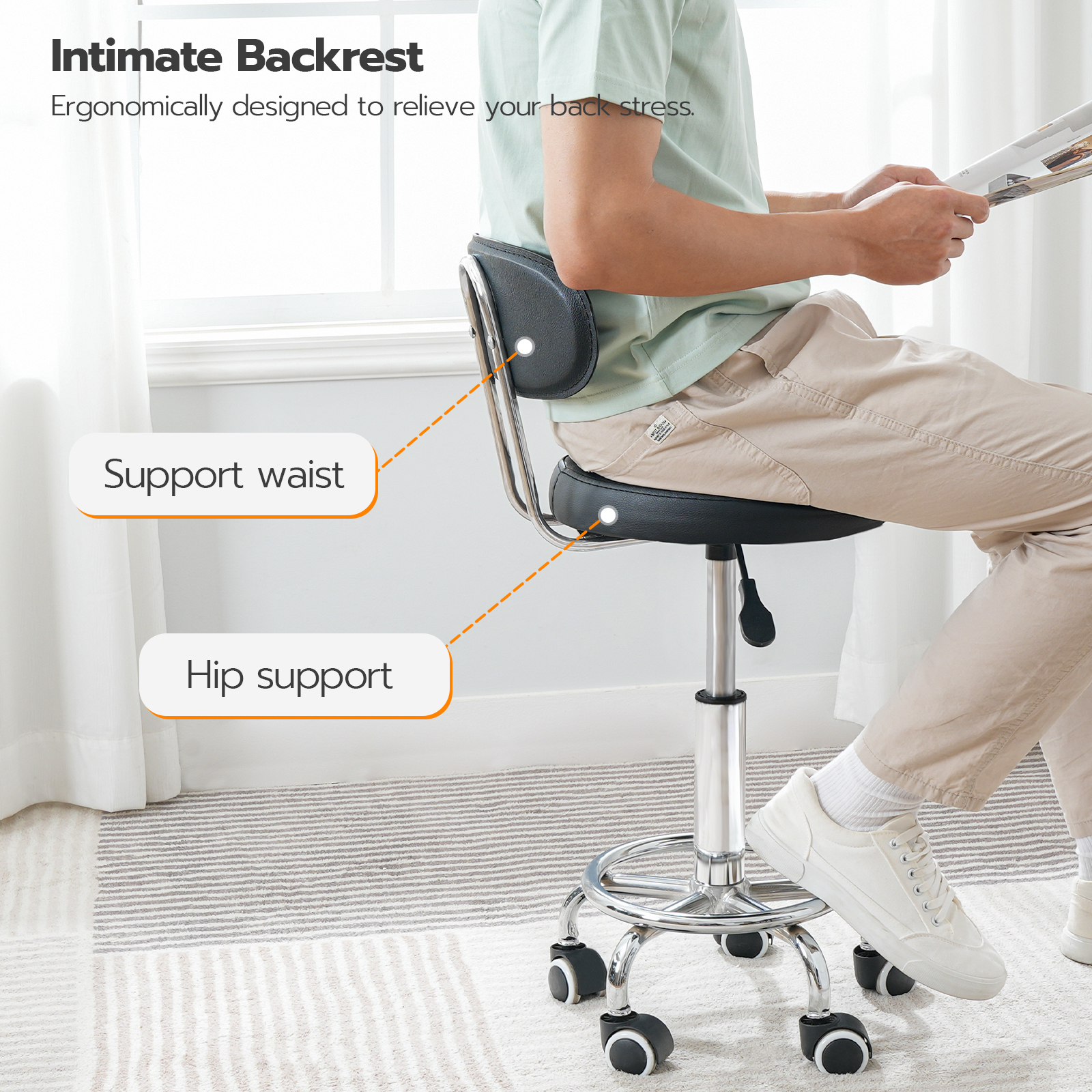 HOOBRO Height Adjustable Rolling Stool 360° Rotating Drafting Chair Multi-Purpose Office Desk Chair for Barber Shop