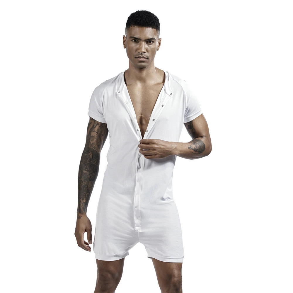 SEOBEAN Men's Button Short Sleeve jumpsuit - Comfortable Solid Color Loose High Elastic Home Clothes Sleepwear