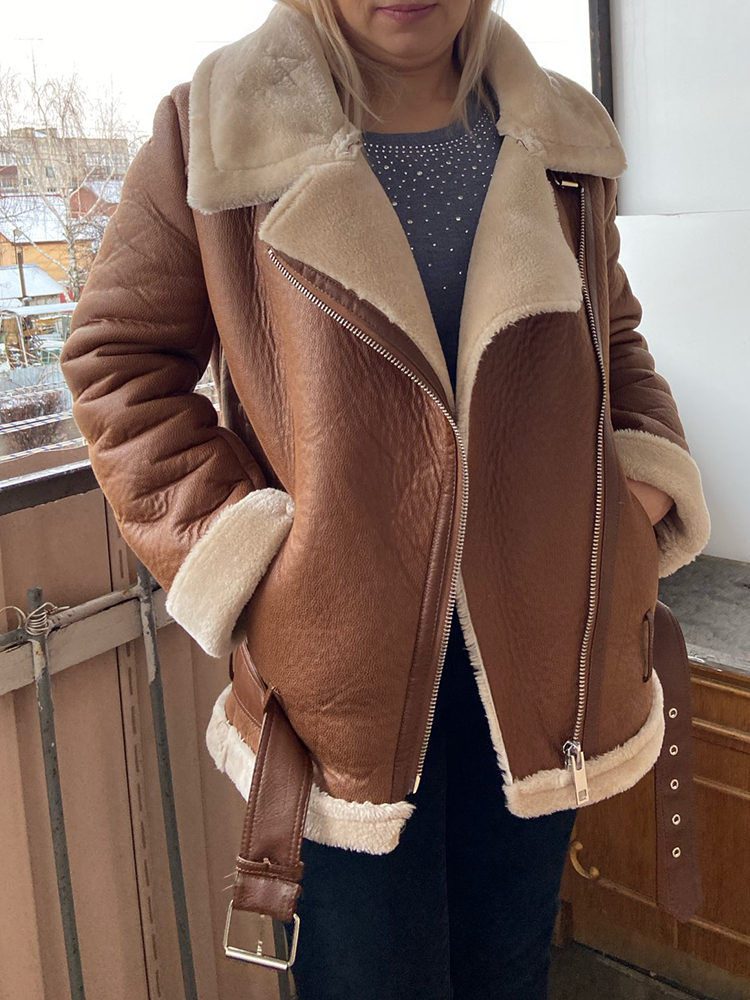 Ailegogo-ベルト付きの女性用ウォームフェイクレザージャケット,ストリートウェア,厚いルーズフィッティング,ファッショナブル,秋冬