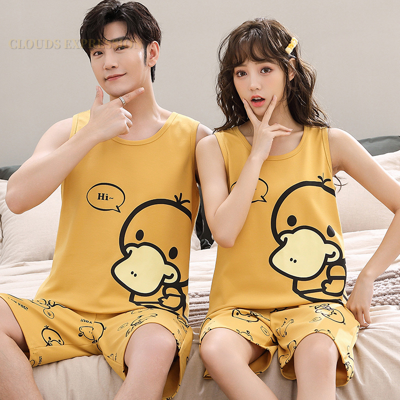 Conjuntos de pijamas de algodón tejido con dibujos de pato para hombre, pantalones cortos sin mangas para dormir y descansar, pijamas para parejas, ropa de casa a la moda, verano