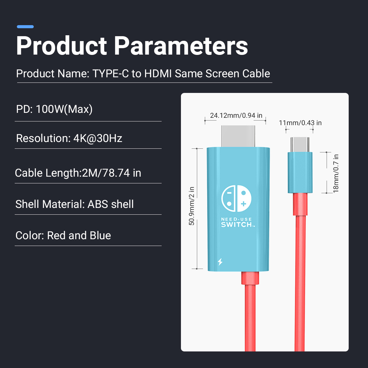 Cable de carga USB-C a HDMI + PD 100W de 4K30Hz, adaptador Plug & Play tipo C a HDTV de 2M/78,74 pulgadas para interruptor, ordenador portátil, Steam Deck