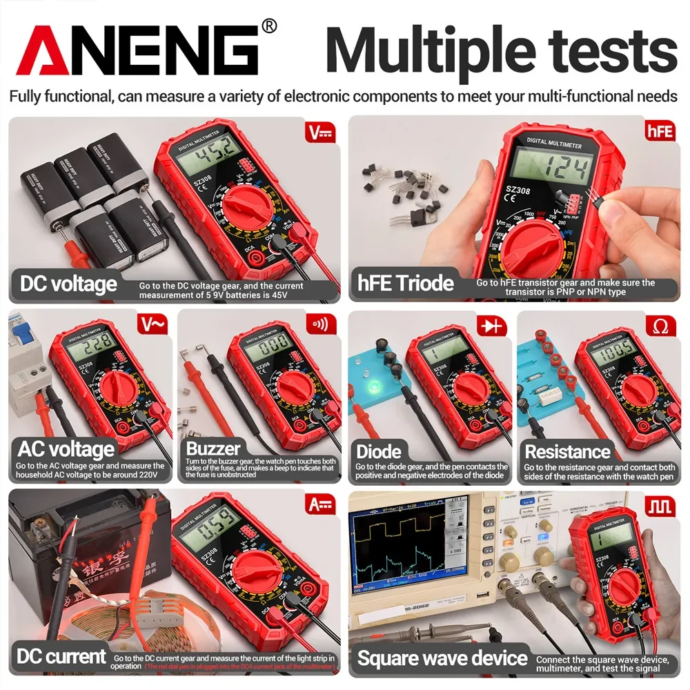 ANENG SZ308 Square Wave เครื่องทดสอบมัลติมิเตอร์แบบดิจิตอล 1999 นับ HFE Triode Buzzer มัลติมิเตอร์ AC/DC แรงดันไฟฟ้า 10A Current Meter เครื่องมือ