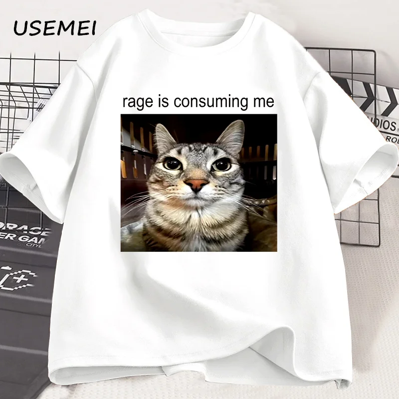 怒りは私を消費愚かな見つめる猫ミーム Tシャツカジュアルコットン半袖 Tシャツ男性女性猫恋人 Tシャツ特大