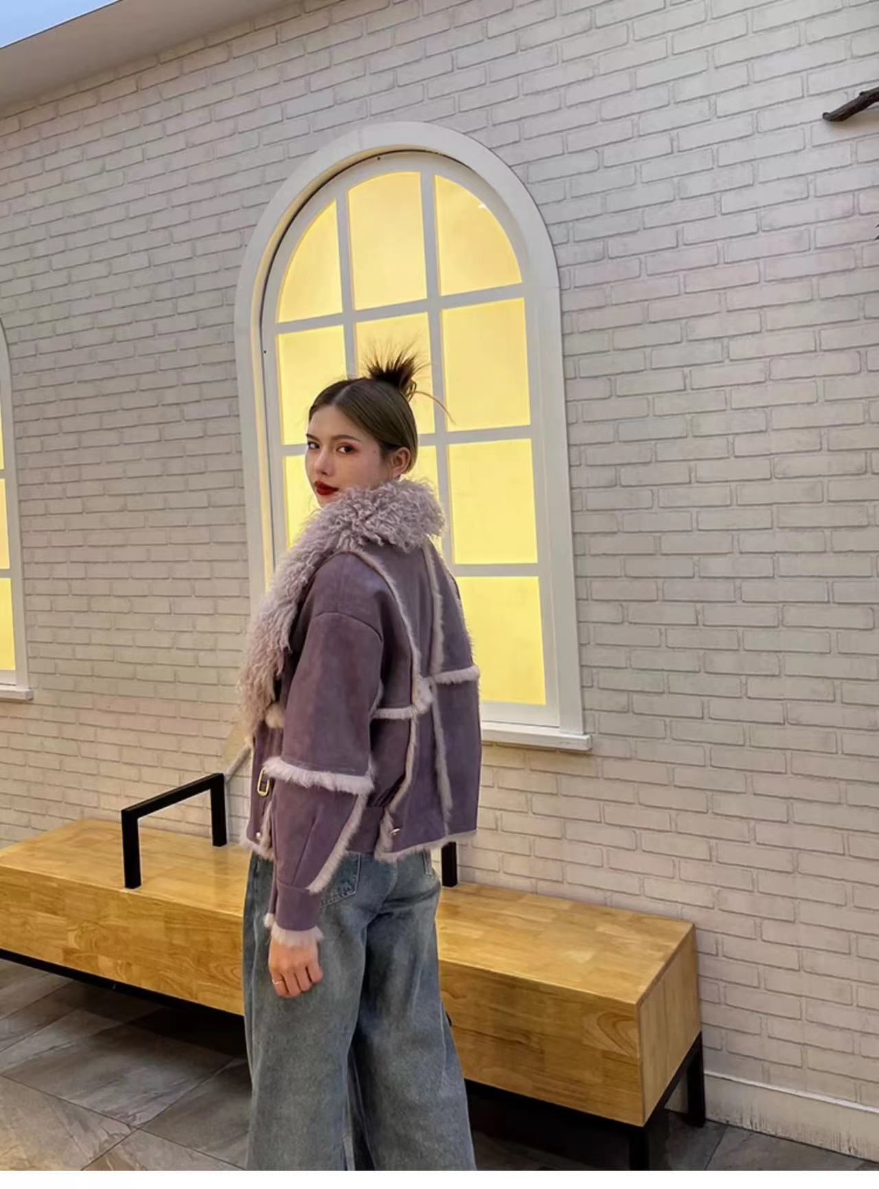 用シープスキンジャケット2024,用ショートファー,生地100% ウサギのの裏地,ウールの襟