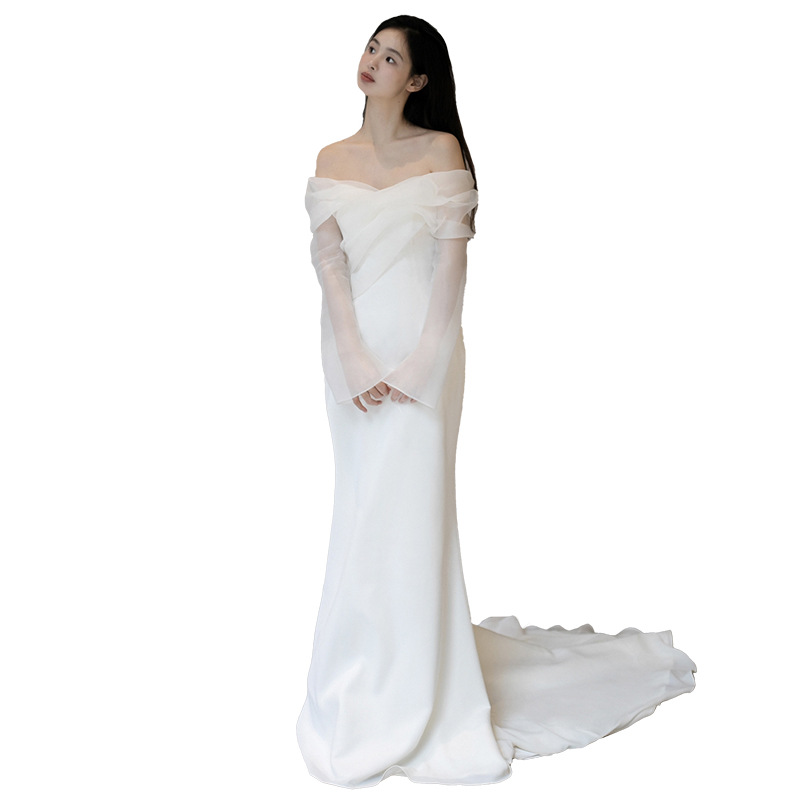 GIYSILE Vestido de noiva leve de cetim com um ombro, corte simples e fino, doce, manga comprida, vestido de noite de noiva