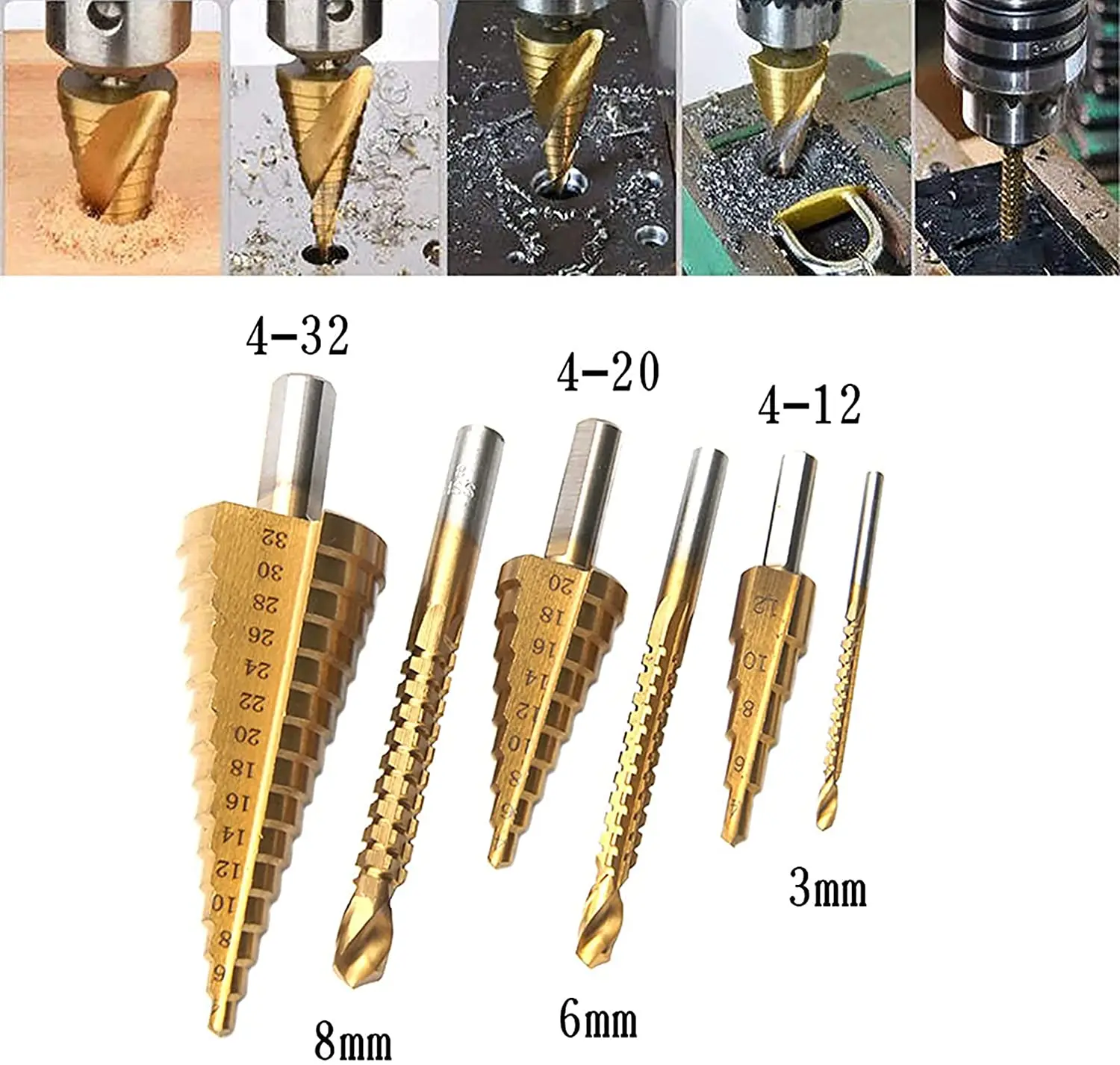 6Pcs Step Drill Bit Saw Drill Bit Set Titanium Milling Cutter 4-12 4-20 4-32mm 3 6 8mm For Woodworking Metal Core Hole Opener