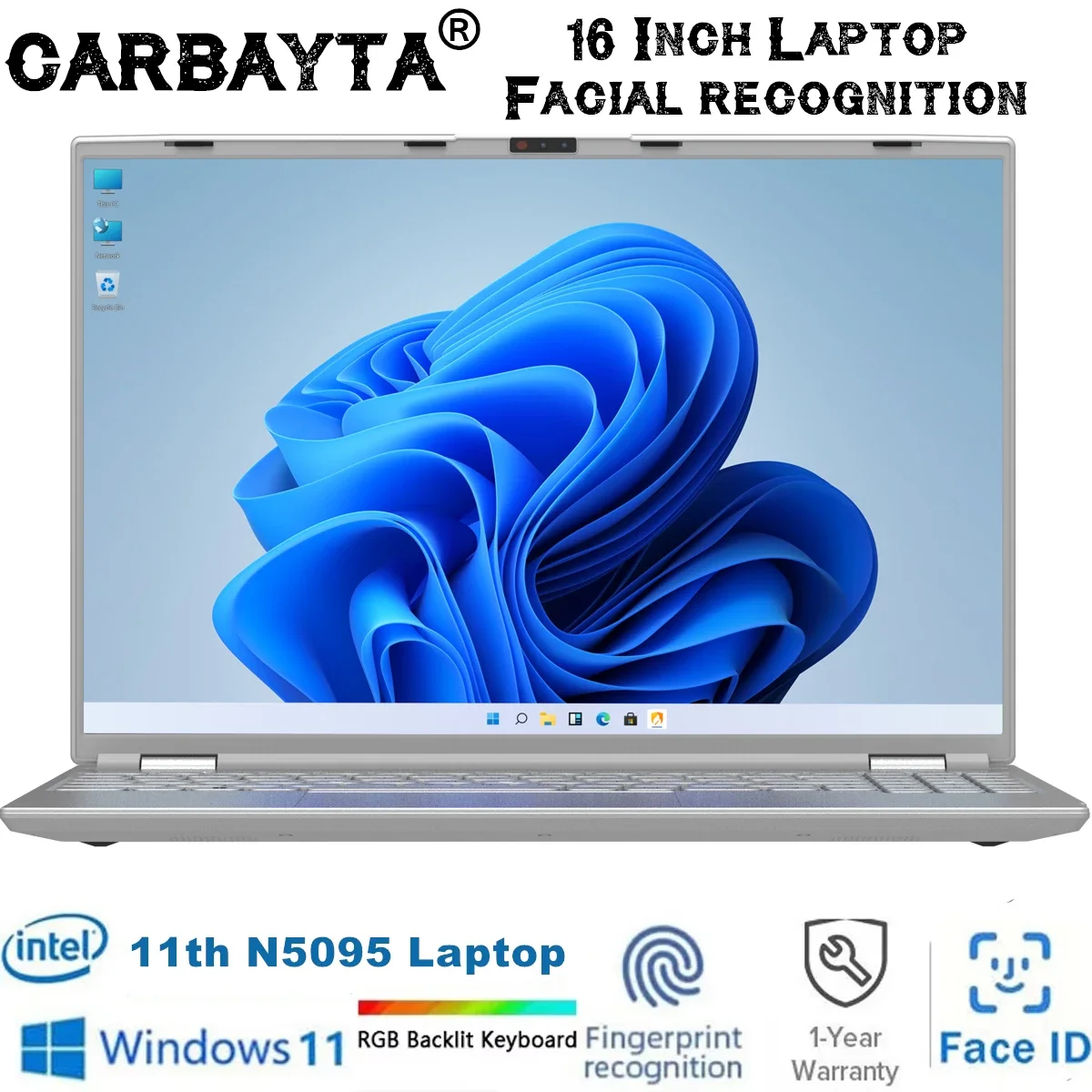 CARBAYTA 16.1" Intel 11th Laptop 16GB/32GB RAM, Up to 2TB ROM, Windows 11, WiFi 5, BT 4.2, RGB Keyboard, Facial Recognition