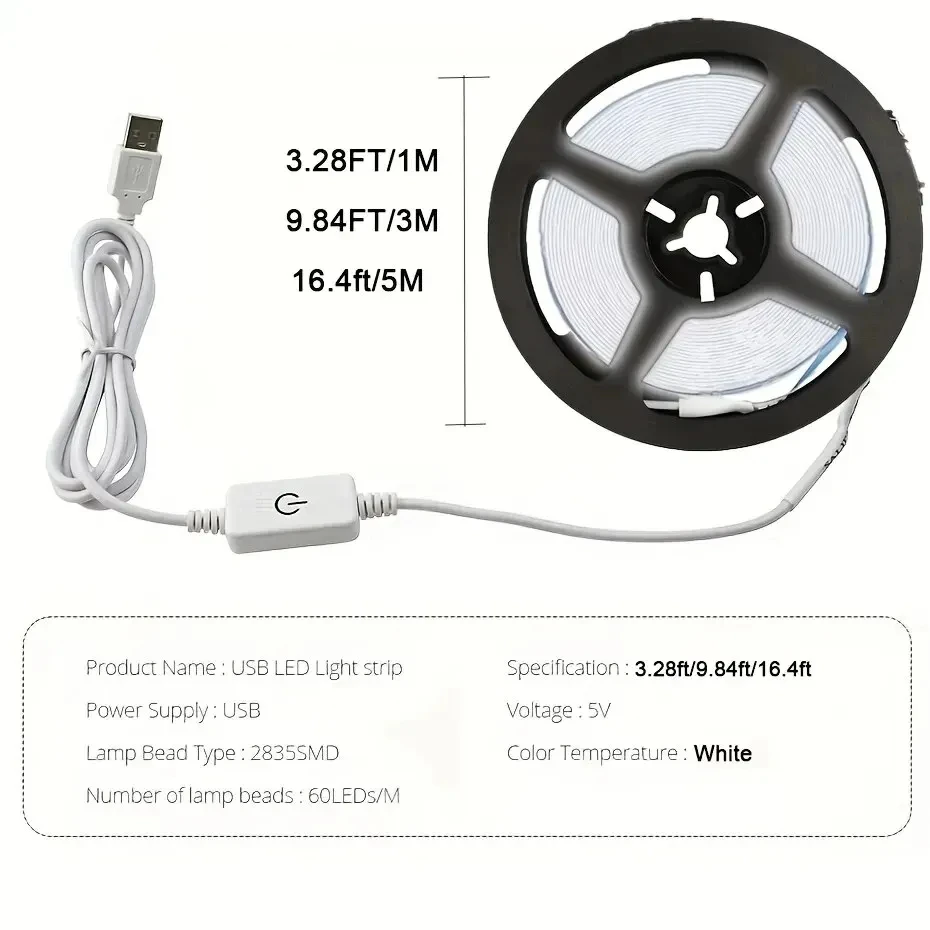 Bande lumineuse LED USB à détection tactile, 5V, 2835, Flexible, rétro-éclairage pour éclairage d'armoire de pièce, éclairage de miroir