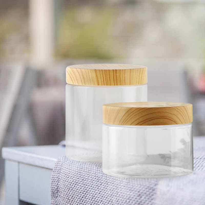 Frascos vacíos transparentes para mascotas, 100ml, 200ml, 300ml, 500ml, con tapas de textura de madera de imitación, botella de condimento de plástico para el hogar