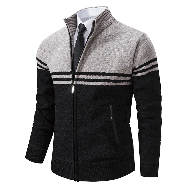Novo suéter de inverno masculino grosso lã quente camisola casual gola com zíper cardigan moda casaco listrado