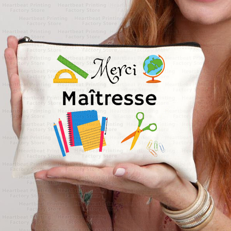 프랑스어 감사합니다 Maîtresse 인쇄 여행 화장품 가방 립스틱 가방 연필 케이스 파우치 가방 여성용 학교 선물로 돌아 가기