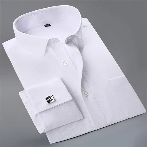 Camicie eleganti con polsini francesi con colletto da uomo Camicia da cerimonia nuziale sociale a maniche lunghe con tasca singola a contrasto da lavoro