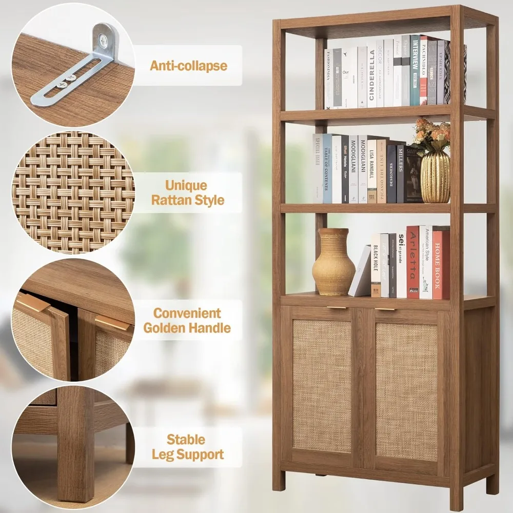Bookshelf 5 Tier Book Shelf Rattan Boho 71" Tall Bookcase with Doors Storage Shelves Large Bookshelves Farmhouse Bookcases