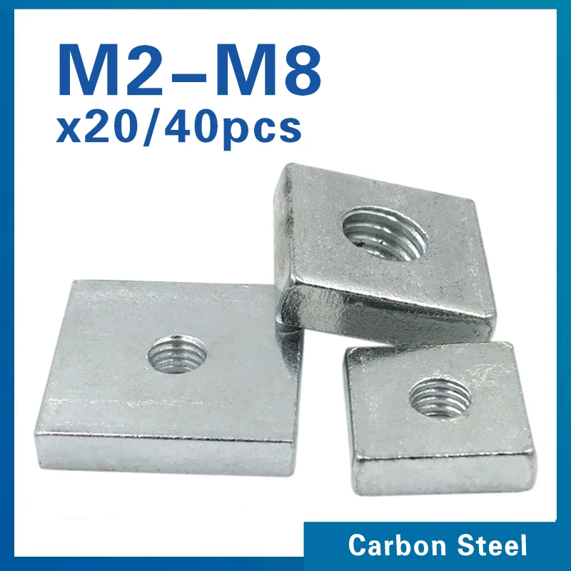 20/ 40 unids/lote tuerca cuadrada M3 M4 M5 M6 bloque cuadrilátero fino galvanizado de acero al carbono Zinc Compatible con Prusa MK3 DIN562