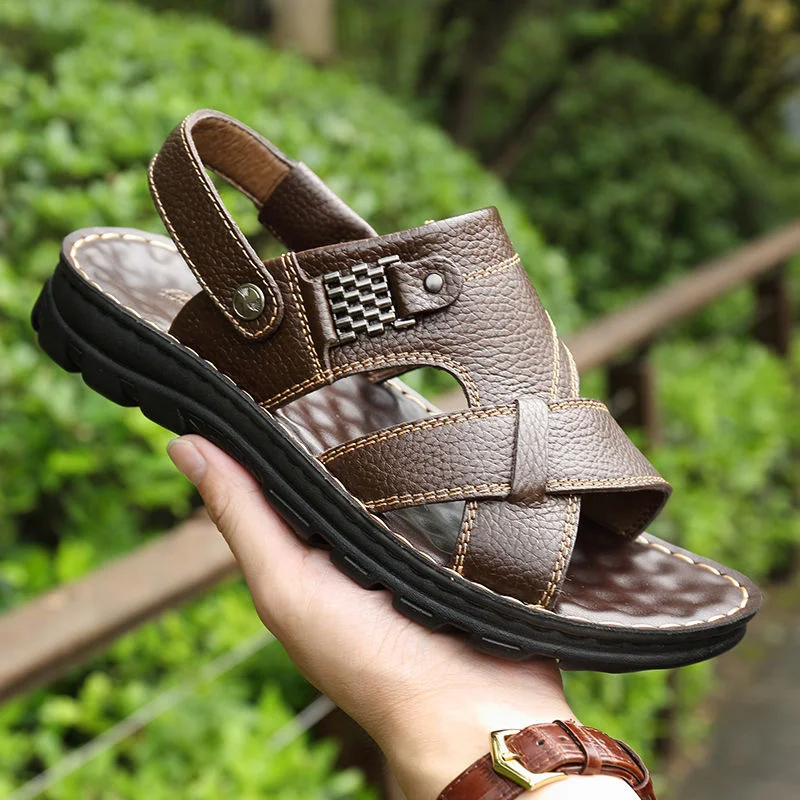 Sandalias de cuero de verano para hombre, zapatos antideslizantes de cuero genuino para hombre, zapatillas para exteriores, zapatos de playa de suela gruesa, sandalias cómodas y suaves para hombre