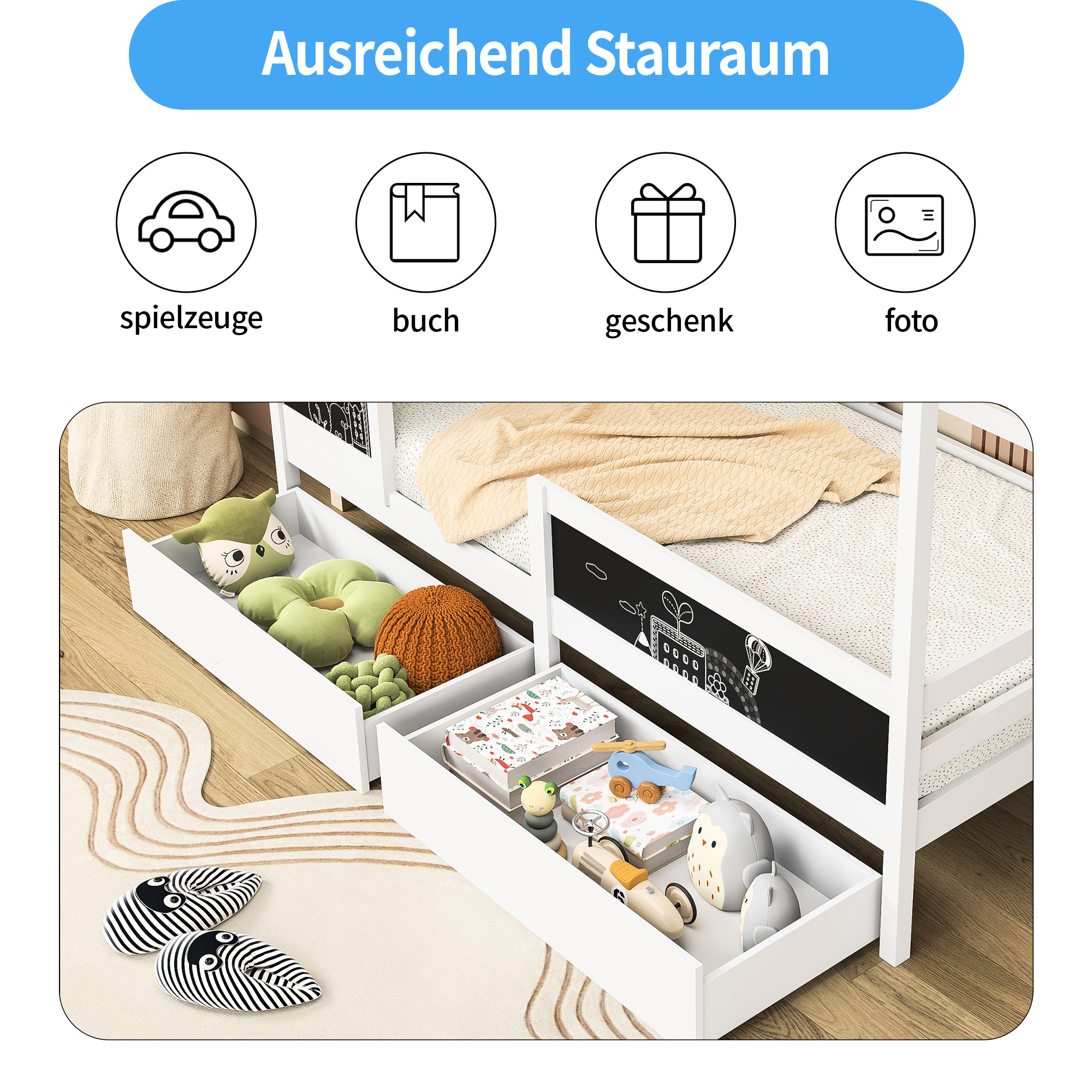 Casa cama infantil 90 x 200 cm, cama de madera con pizarra y 2 cajones, madera maciza con valla y somier de láminas