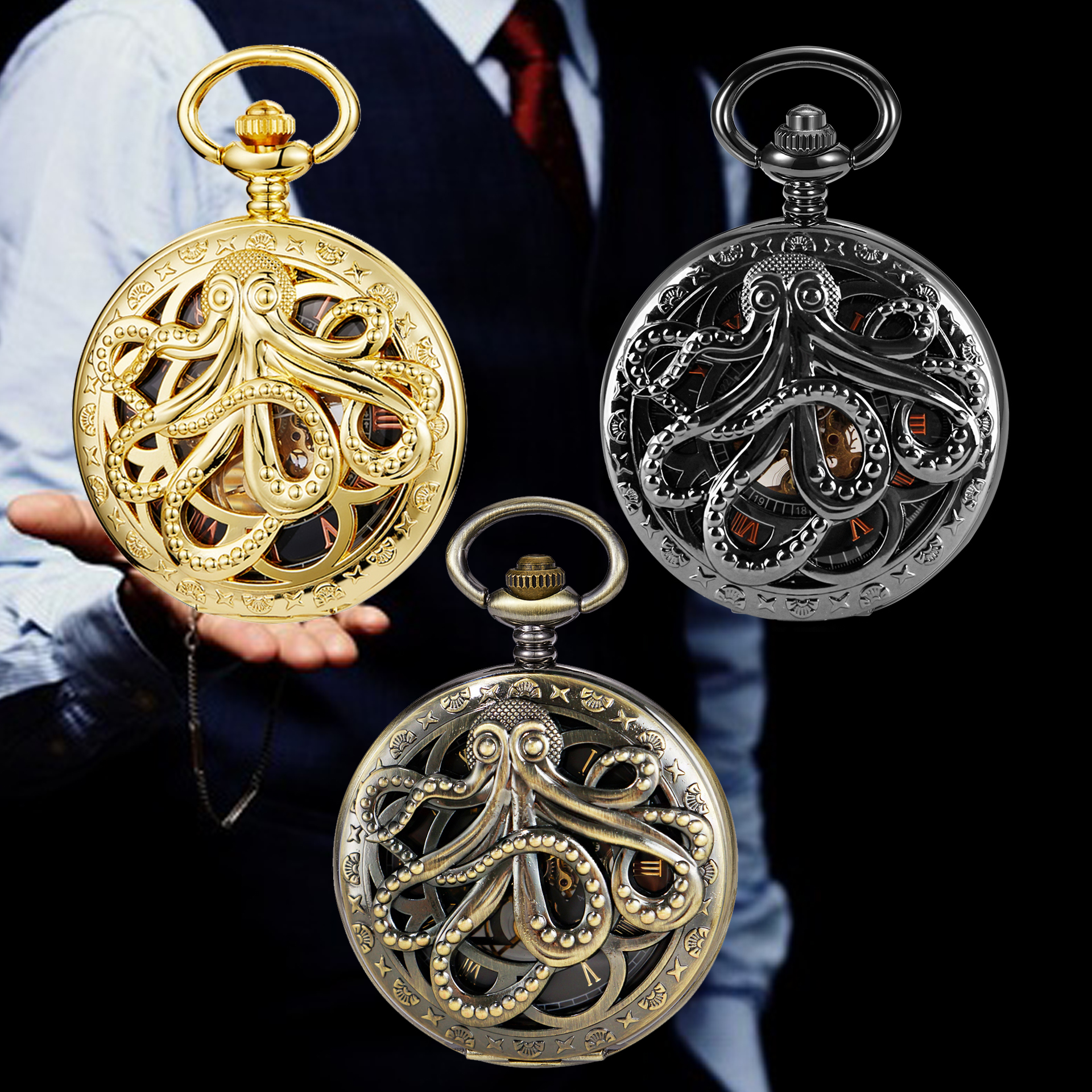 빈티지 다크 몬스터 문어 중공 석영 주머니 시계 Steampunk 블랙 FOB 체인 시계 펜던트 목걸이 남자 어린이 선물