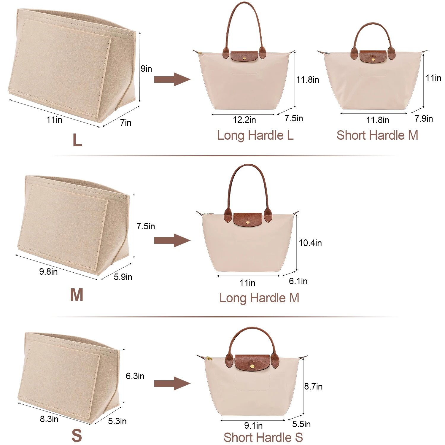 Felt insert Purse Organizer for Longchamp Le Pliage Series  Handbag Insert