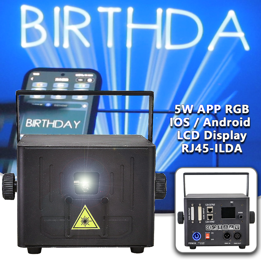 YUER 5W Полноцветный лазерный свет Ios Android APP Control Сканер RGB Проектор DMX для DJ Дискотека Свадебная вечеринка Представление Сцена