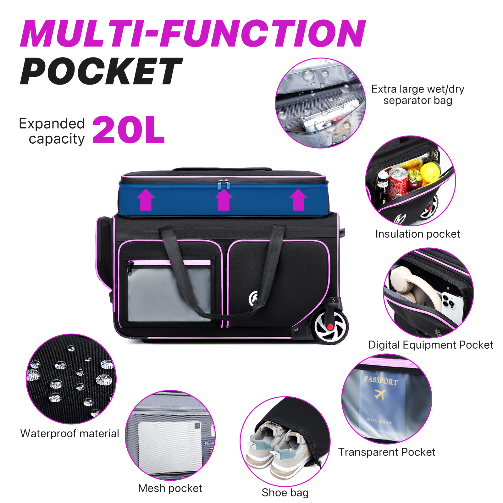 Bolsa de viagem para carrinho de negócios, grande capacidade, bagagem de mão, bolsa para laptop com rack de secagem de roupas, estojo de viagem multifuncional