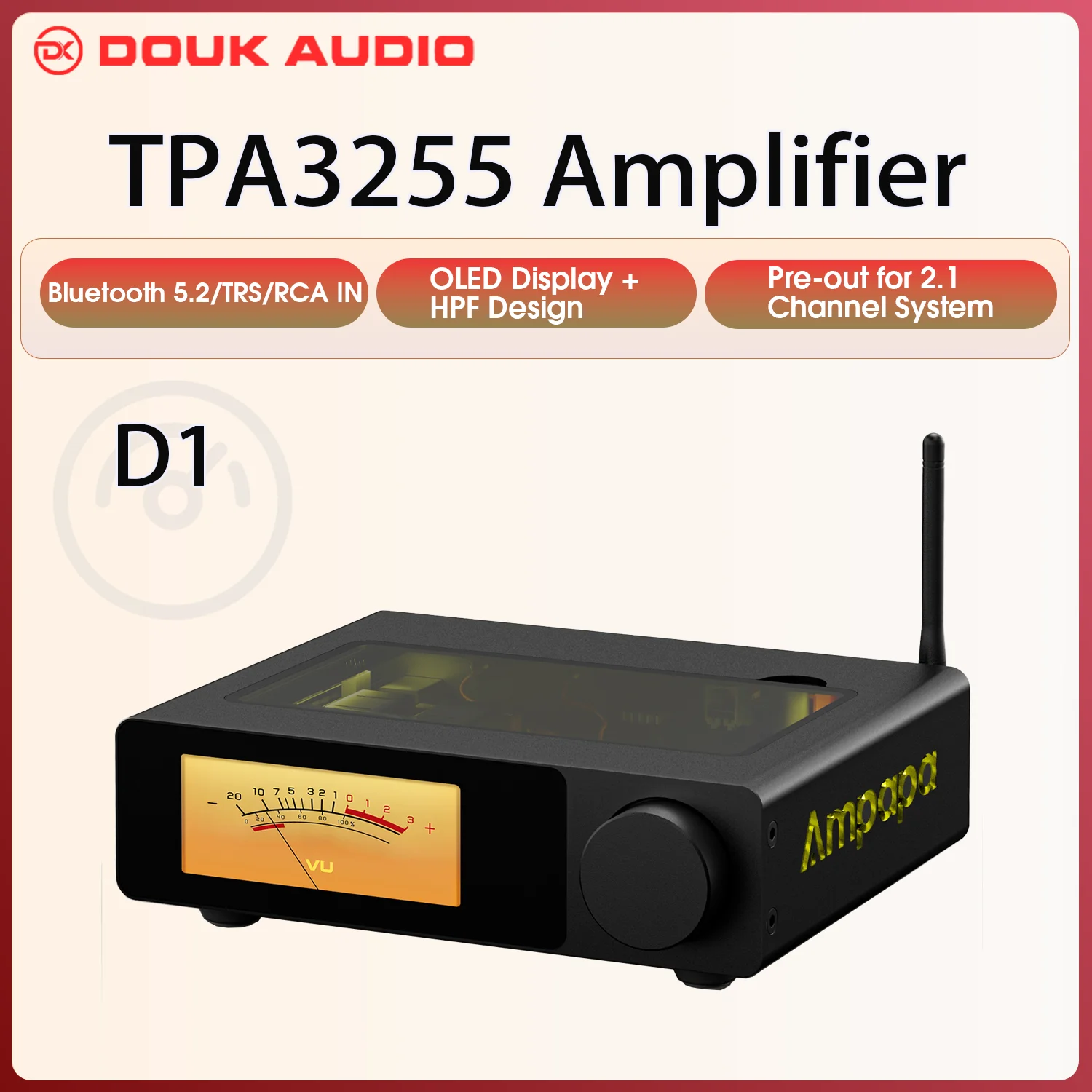 Ampapa D1 HiFi стерео Bluetooth 5,2 усилитель 2,0-канальный домашний аудиоусилитель с цифровыми VU метрами HPF 300Wx2