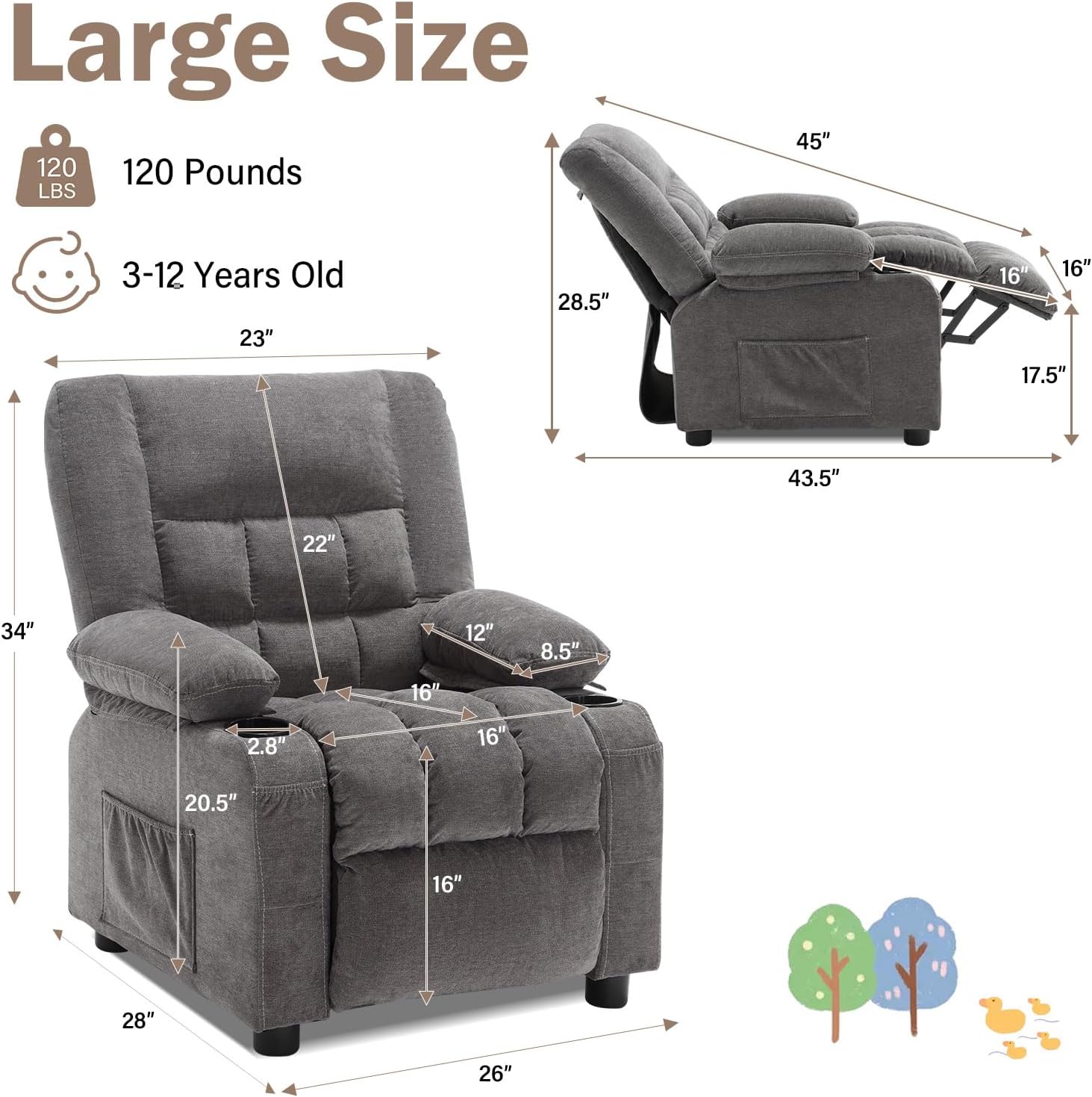 Kids Recliner Chair with Cup Holders, Adjustable Footrest & Headrest, Deep Grey
