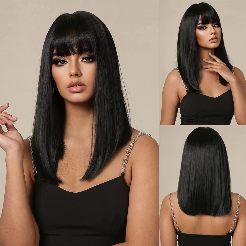 Peruca sintética reta preta bob com franja reta peruca cosplay de comprimento médio senhoras cabelo natural diário peruca de seda de alta temperatura