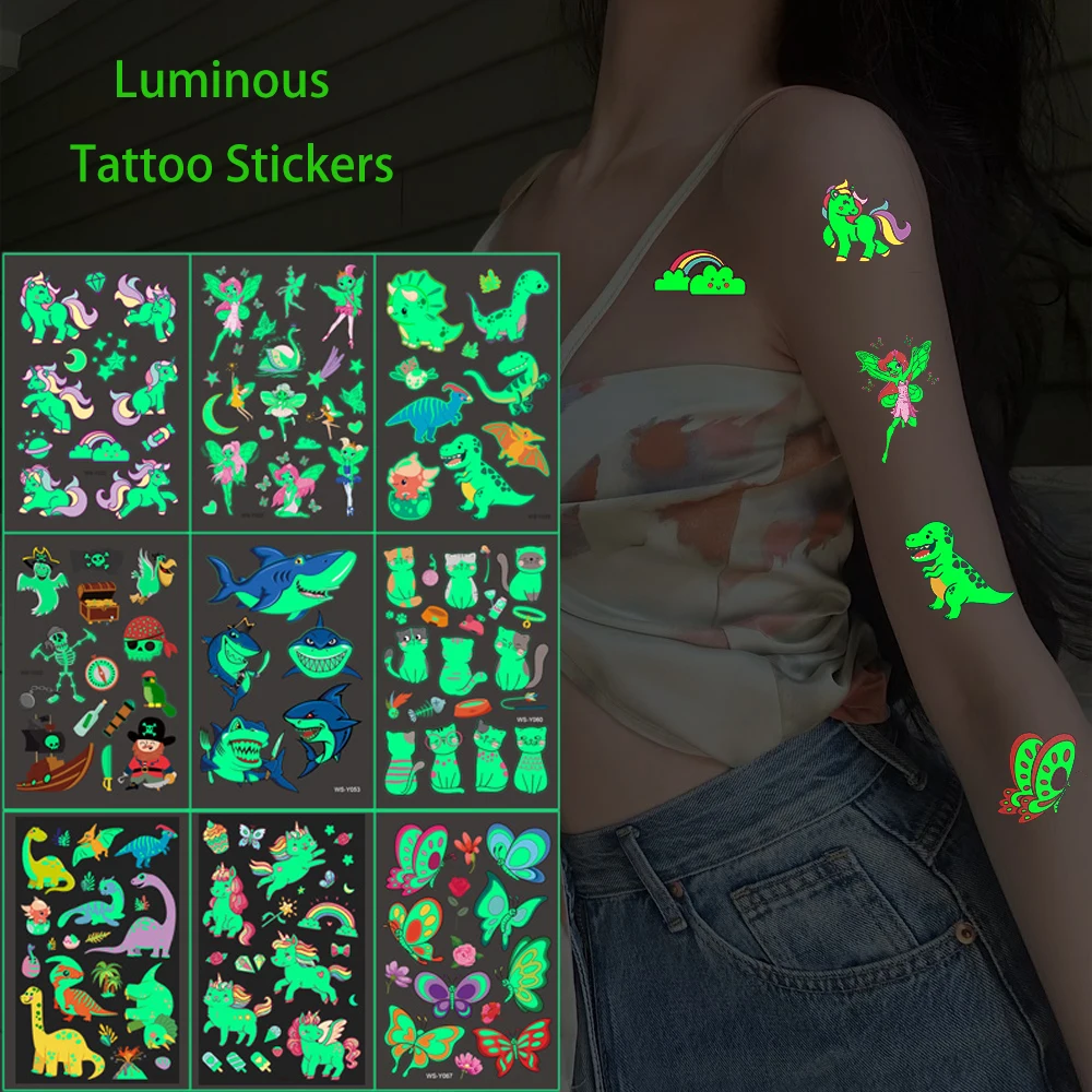 5 Blatt leuchtende Tattoo-Aufkleber, temporäres buntes Tier-Dinosaurier-Tattoo, Fake-Tattoo für Körper, Hand, Gesicht