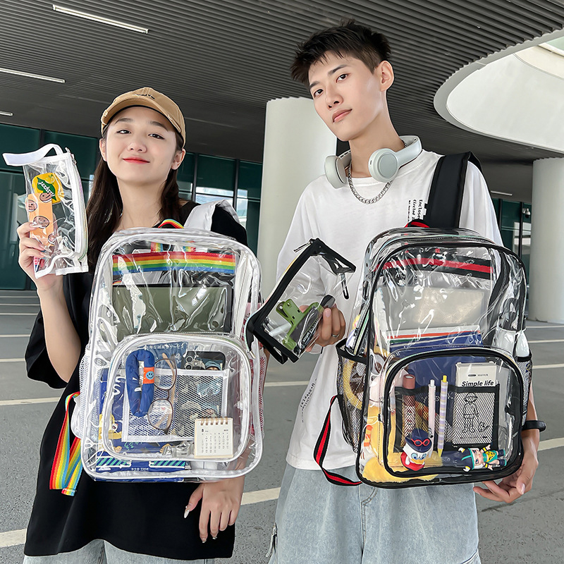 กระเป๋าสะพายโปร่งใส Unisex แฟชั่นขนาดใหญ่ความจุกระเป๋าเป้สะพายหลังแบบพกพากันน้ําชายหญิงกระเป๋าเป้สะพายหลัง