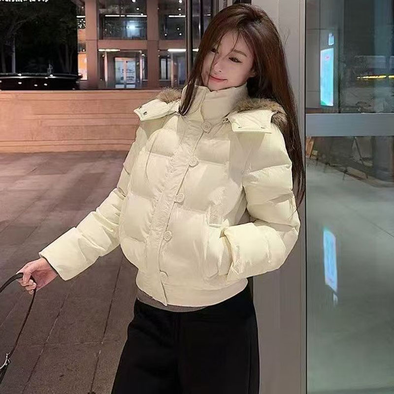 Gola de pele coreana com capuz parkas senhoras design de moda recortado algodão acolchoado jaqueta de inverno feminino azul casual quente parka casacos