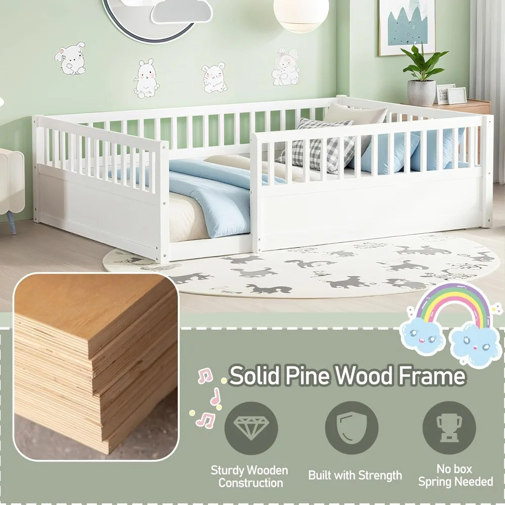 Full Size Floor Bed Frame with 19.6" High Fence, Solid Wood Low Platform Floor Bed Full for Kids, No Box Spring Needed