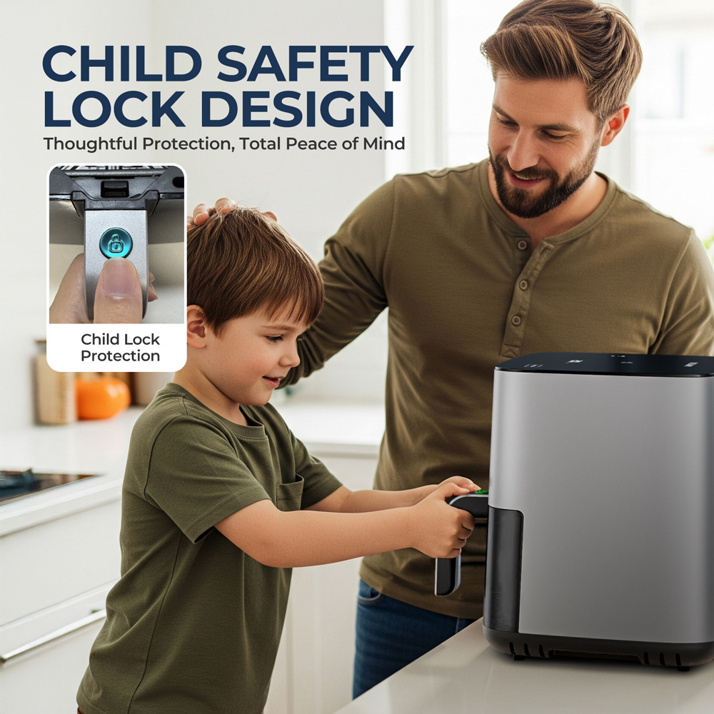 MIUI Freidora de aire de 5L, freidora eléctrica sin aceite con control táctil, cesta antiadherente y ventana visible, tamaño familiar